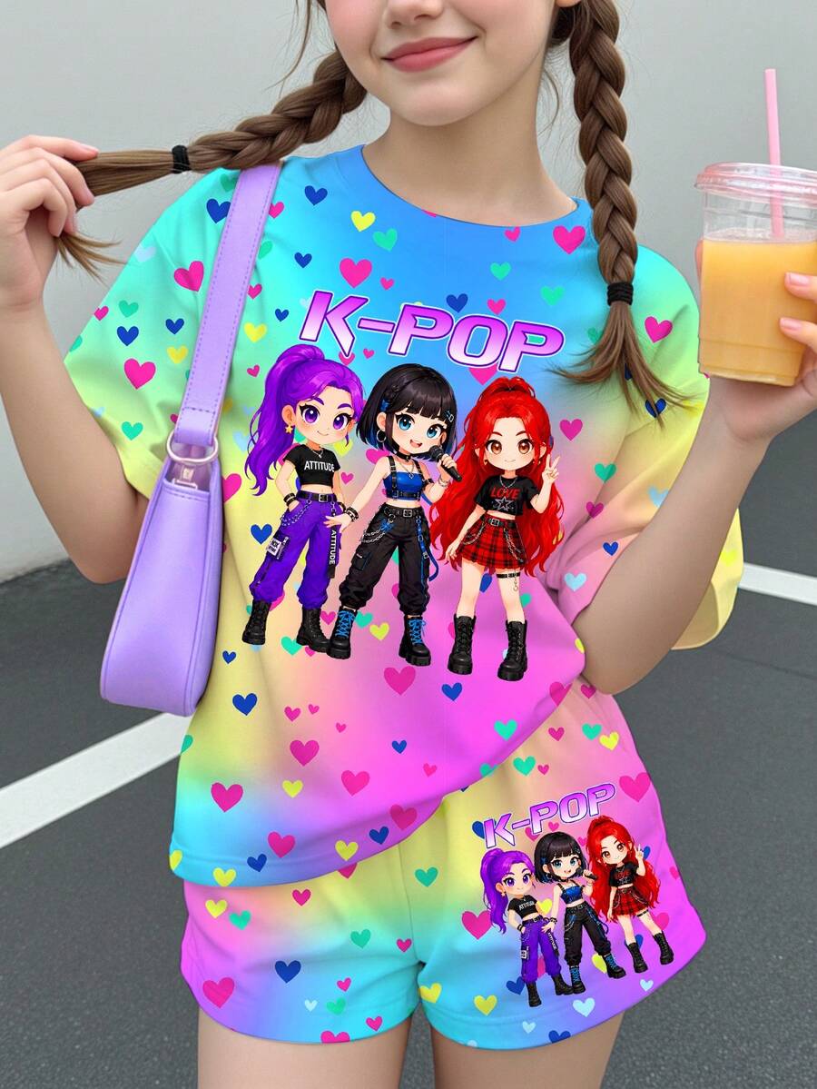 兒童青少年女孩休閒卡通女團印花 K-Pop 超級巨星 紮染短袖T恤與短褲兩件套,適合夏季 - 彩色 - 查看 1