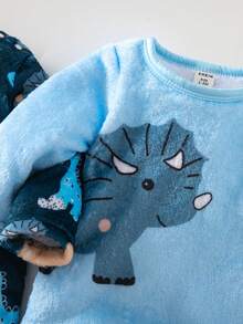 Newborn Baby Boy Autumn/Winter Soft Plush Fabric Dinosaur Digital Print Pattern Long Sleeve Jumpsuit 2-Piece Set Pajamas Loungewear - Multicolor - View 3