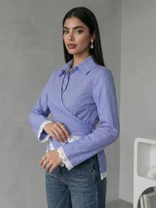 Veilorie Women's Striped Lace Patchwork Pleated Casual Daily Wear Arabic Style Blouse - Blue and White - View 9