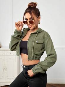 Selenza Flap Pocket Drawstring Hooded Crop Denim Jacket - Army Green - View 6