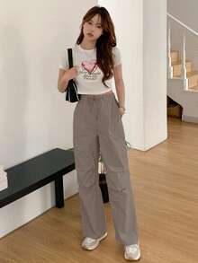 DAZY Drawstring Waist & Slant Pocket Design Pants - Brown - View 3