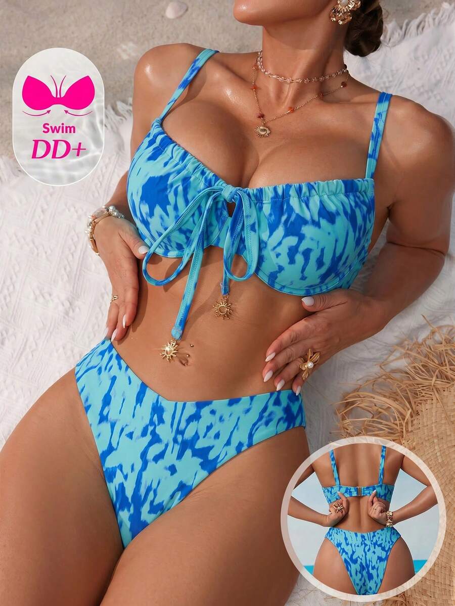 Swim DD+ 女款夏季海灘度假紮染印花金屬太陽結裝飾鋼圈 DD+ 聚攏比基尼套裝 - 藍色 - 查看 1