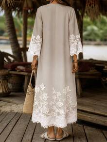 Elouméa Women's Spring/Summer French Casual Solid Color V-Neck Faux Lace Print Patchwork Lace Trim Loose Mid-Sleeve Dress, Suitable For Daily Wear And Home - Apricot - View 2
