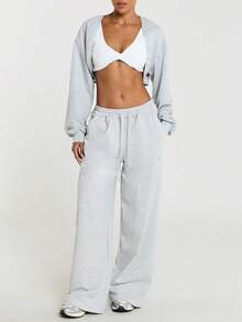 11SKNDS Cropped Open-Front Bolero Sweatshirt With Long Sleeves, Relaxed Fit, Midriff-Baring Cut, Cozy Fleece Feel, Perfect For Casual Everyday Layering - Grey - View 4