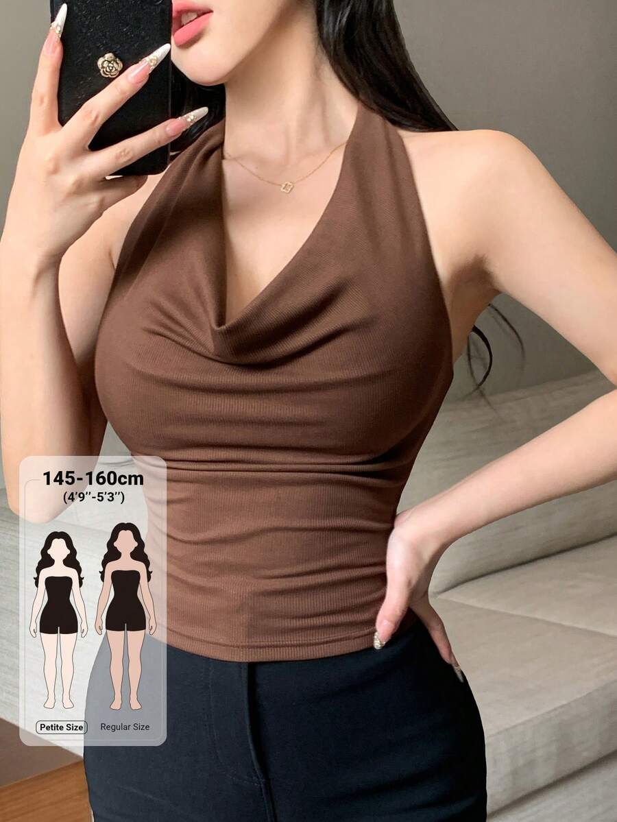 DAZY 女款純色垂領修身時尚休閒性感掛脖背心上衣 夏季外出夜店約會咖啡棕 - 棕色 - 查看 1
