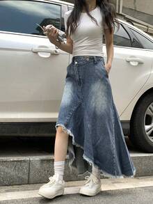DAZY Falda casual de mujer de estilo coreano asimétrica de denim lavado para la escuela - Azul - Ver 7