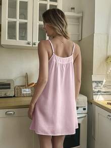 Snug Reverie Romantic Embroidered Lace Ruffled Slip Dress For Women - Pink - View 2