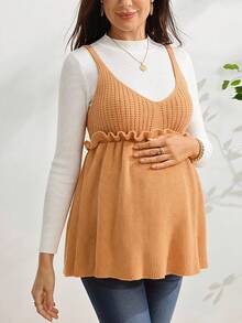 SHEIN Maternity Knit Tank Top, Fitted V-Neck With Ruffle Hem, Casual Cute Minimalist Solid Color Ribbed Camisole For Everyday Wear - Khaki - View 2