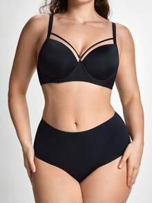 Slumbrini Sujetador sólido con diseño hueco y sujetador inalámbrico para mujer de talla grande, con efecto de elevación - Negro - Ver 3