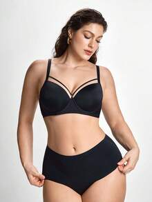 Slumbrini Sujetador sólido con diseño hueco y sujetador inalámbrico para mujer de talla grande, con efecto de elevación - Negro - Ver 4