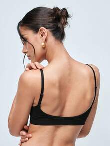 Softvol 1件装女士无背文胸，休闲舒适无钢圈文胸，荷叶边装饰，可拆卸衬垫文胸 - 黑色 - 查看 2