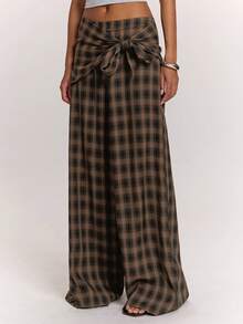 SHEIN BAE Women's Daily Wear Versatile Brown Checkered Plaid Scarf-Style Loose Wide Leg Long Pants/Work Going Out Long Pants/Outdoor/Airport/Vintage Autumn - Brown - View 2