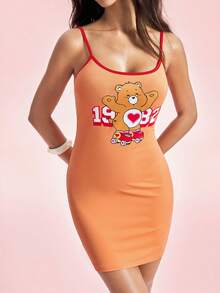 SHEIN X Care Bears 女款熊圖案修身細肩帶短洋裝，橘色夏季休閒可愛外出夜生活裙 - 橘色 - 查看 4
