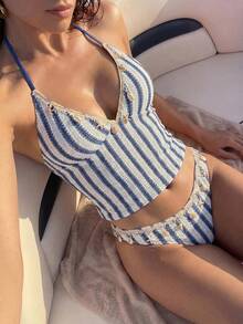 Swim Chiccia 女士夏季沙滩条纹贝壳装饰吊带背心式泳衣上装和三角泳裤套装 - 藍白色 - 查看 3