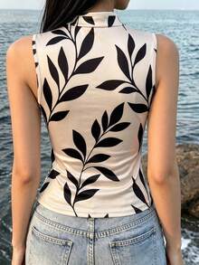 SHEIN PariChic 女款熱帶植物印花不對稱下擺背心上衣 - 杏色 - 查看 2