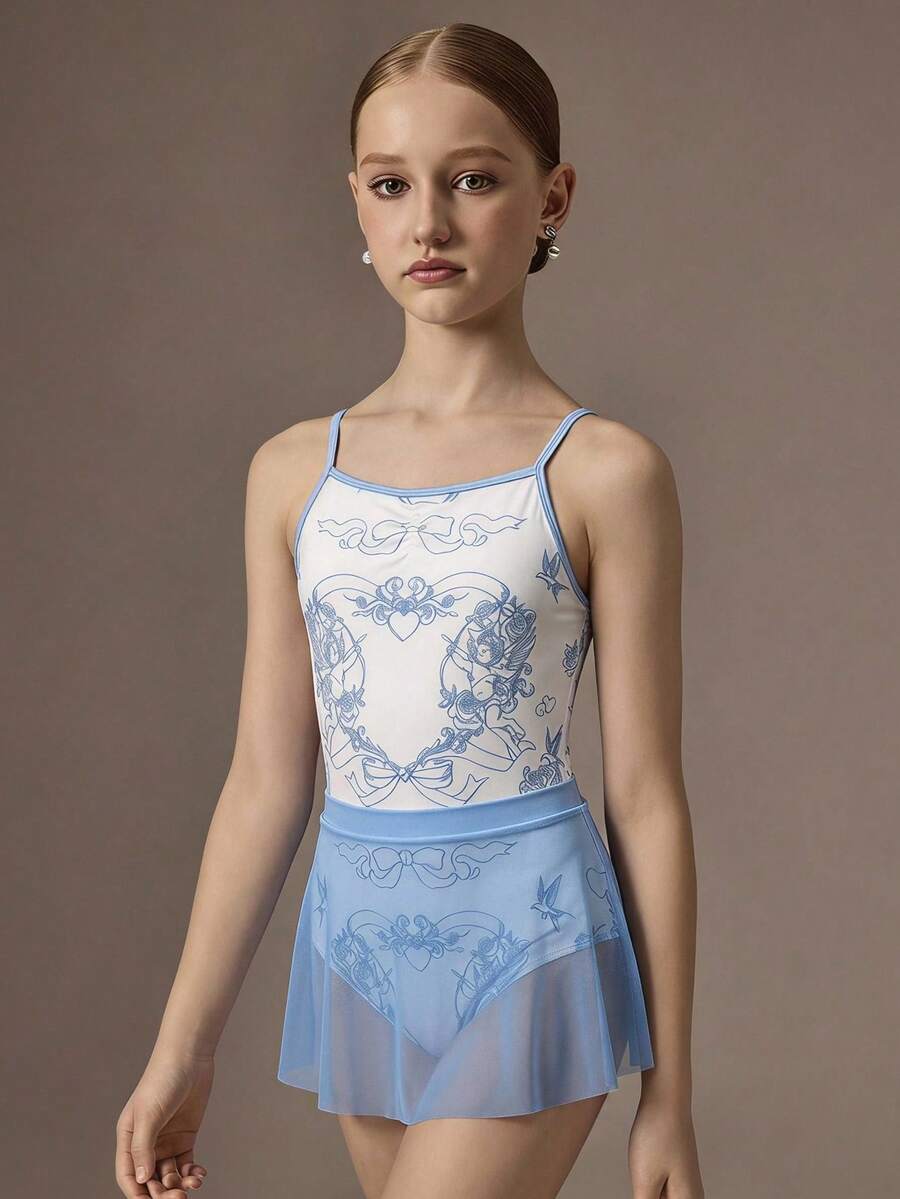 SHEIN 两件套女童舞蹈服，包括一件甜美的白色吊带紧身衣和一条连体芭蕾舞裙，可调节肩带拼接网纱，优雅图案设计，适合芭蕾舞考试和舞台表演，高弹柔软亲肤。
