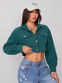 SHEIN PETITE Spring Outfits Drop Shoulder Flap Detail Crop Corduroy Black Jacket In Fall/Winter - Green - View 6