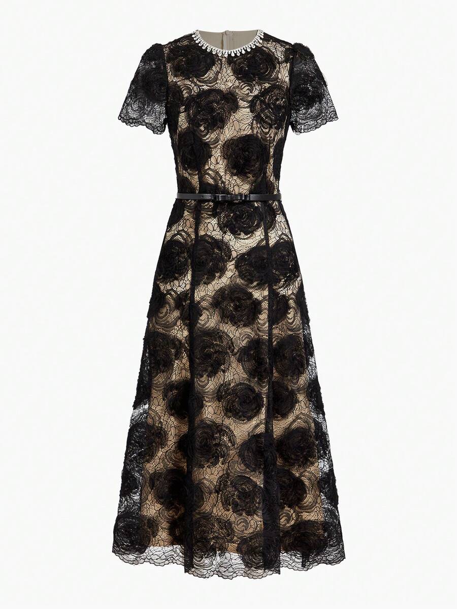 MOTF PREMIUM FLORAL LACE OVERLAY SHORT SLEEVE DRESS WITH BELT - Black - View 2