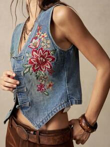 Bohemela Damen-Jeans-Tanktop-Weste für den Sommer, lässig, Boho, 90er Jahre, einfarbig, gewebt, für Urlaub, Halloween, Ausgehen, Alltag, Arbeit, Country-Konzert, Blau - Blau - Übersicht 2