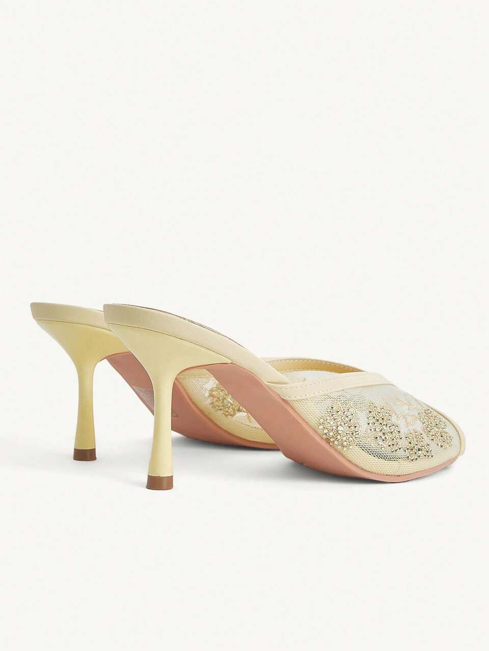 CUCCOO CHICEST Pointed Stiletto Light Yellow Mesh Embroidered Rhinestone Open-Toed Women's High-Heeled Sandals Slippers Fashionable And Elegant Skirt Open Toe Women