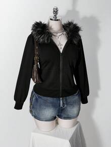 SHEIN ICON 大尺碼女款 Y2K 復古毛領拼接休閒運動外套夾克，附口袋 - 黑色 - 查看 6