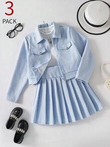 SHEIN Elladie kids ملابس خريفية للفتيات المراهقات 3 قطع/مجموعة جاكيت كارديجان أزرق بودرة مع أزرار لؤلؤية بيضاء وسحاب علوي مع قميص بدون أكمام مضلع خريف العودة إلى المدرسة كاجوال لطيف عائلي - الأزرق - مشاهدة 4