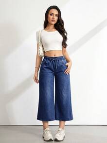 SHEIN Tall Tall Women's Waist Tie Pocket Wide Leg Loose Cropped Navy Blue Jeans Travel Summer Casual - Dark Wash - View 4