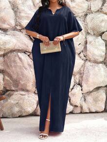 SHEIN Lady Robe Kaftan à manches chauve-souris ajourées verte Automne/Hiver Grande Taille Tenue de Vacances Femme Vêtement de Plage Robe de Vacances à la Plage Robe d'Invitée de Mariage Tenue Décontractée Professionnelle Vêtement Femme Robe de Soirée - Bleu marine - Voir 3