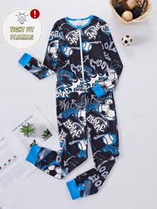 男童簡約時尚多色足球字母印花長袖修身連身衣緊身居家服 - 彩色 - 查看 3