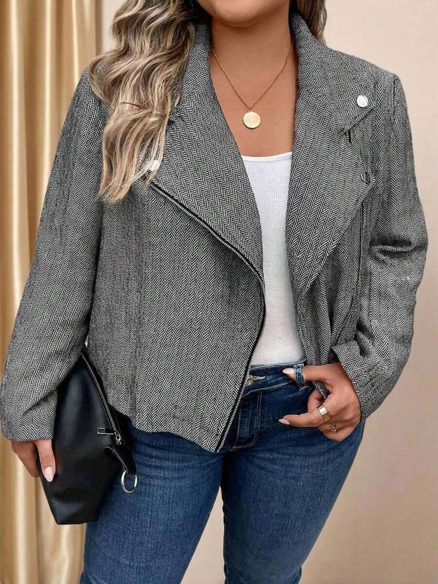 Comfylo Plus Zip Up Lapel Neck Overcoat Winter Fall Autumn - Black and White - View 1