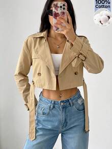 SHEIN EZwear 純色腰帶翻領短款風衣 - 卡其色 - 查看 11