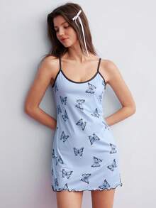Elorette Butterfly Print Contrast Binding Lettuce Trim Cami Pajama Nightdress - Baby Blue - View 5