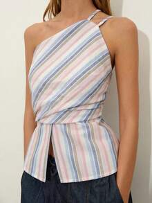 Nöista One-Shoulder Top In Pastel Striped Fabric, Asymmetrical Neckline And Peplum Hem. Perfect For Brunch, Summer, Spring, Vacation, French Coastal - Multicolor - View 6