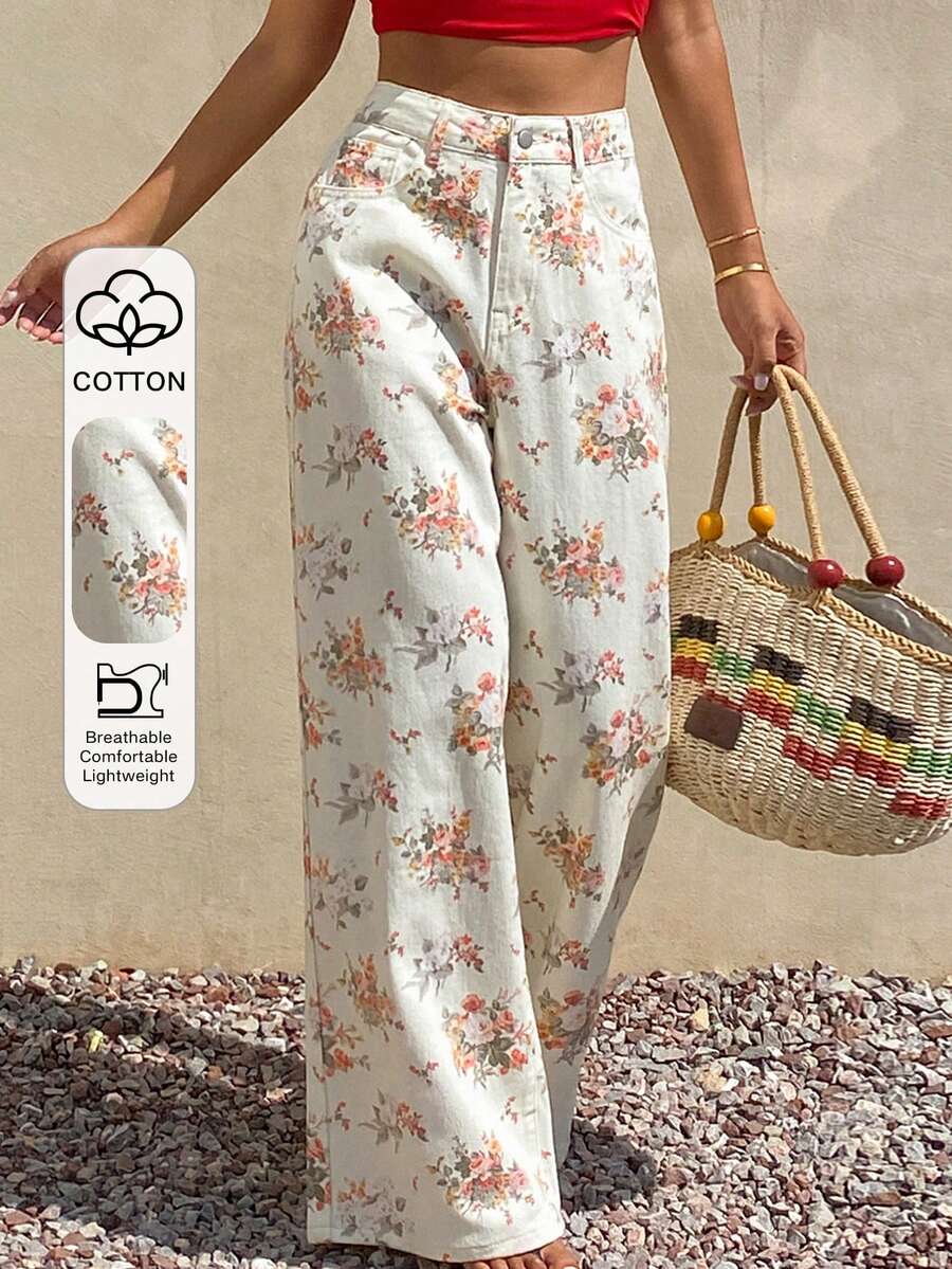 Livesso Jeans casuales para mujer de cintura alta, pierna ancha y sueltos, de algodón con estampado floral blanco, para verano, otoño y el festival de junio - Blanco - Ver 1