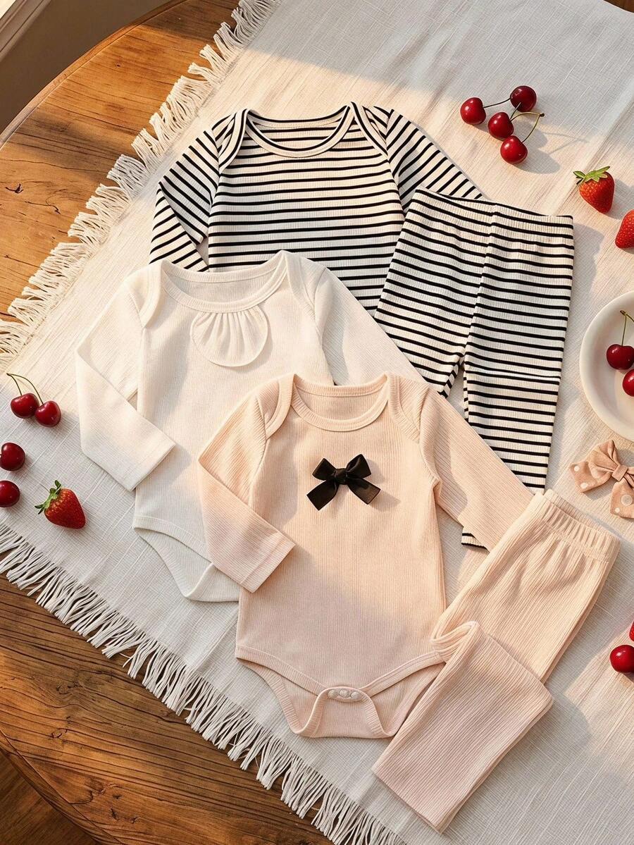 SHEIN Set Bodysuit Bayi Baru Lahir Lembut Leher Bulat Lengan Raglan Bergaris Nyaman Warna Putih dan Hitam Putih Merah Muda Terang Musim Gugur Lucu - MultiWarna - View 1
