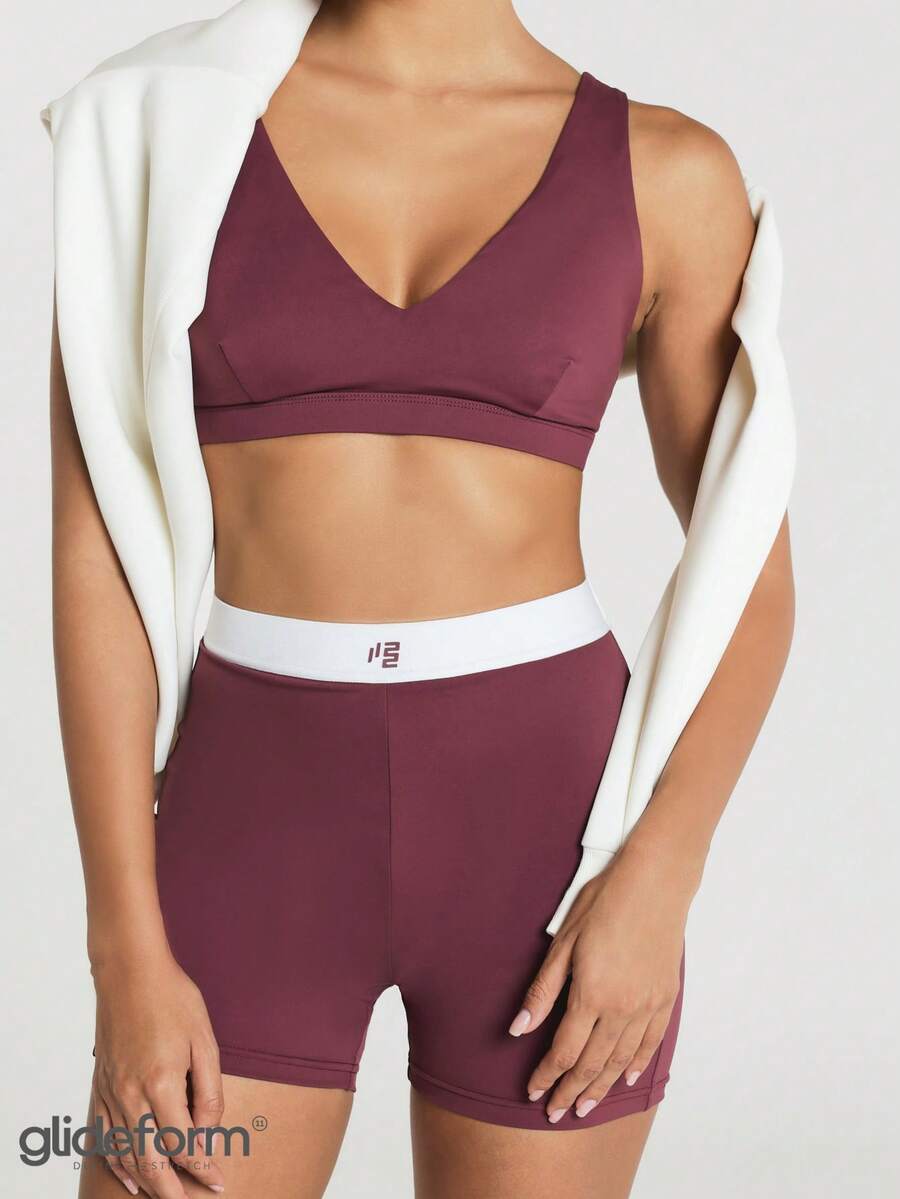 11SKNDS High-Waist Biker Shorts With Contrast Elastic Waistband, Compression Fit Mini Bike Shorts, Squat-Proof Stretchy Active Short For Yoga Gym Training - Red Violet - View 1