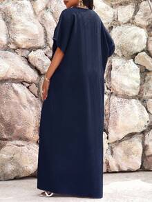 SHEIN Lady Robe Kaftan à manches chauve-souris ajourées verte Automne/Hiver Grande Taille Tenue de Vacances Femme Vêtement de Plage Robe de Vacances à la Plage Robe d'Invitée de Mariage Tenue Décontractée Professionnelle Vêtement Femme Robe de Soirée - Bleu marine - Voir 2