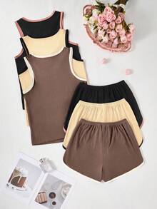 Snug Zone 女款對比飾邊休閒背心與短褲居家服套裝，3件套，多色 - 彩色 - 查看 2