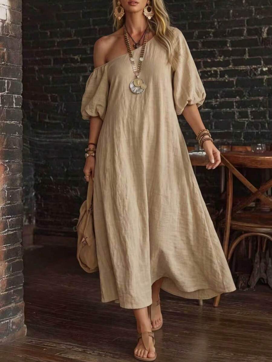 SHEIN Holidaya Boho Jamican Sexy Tropical Asymmetrical Shoulder Puff Short Sleeve Dress Vacation Khaki Green Summer - Khaki - View 1