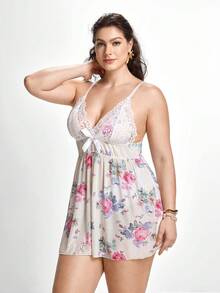 Slumbrini Plus Floral Print Contrast Lace Bow Front Cami Pajama Nightdress - Beige - View 4