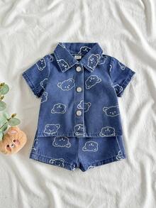 Vintaside Kids Newborn Cute Bear Head Print Soft Denim Collared 2 Pieces Set, Casual & Fashionable Summer Outfit - Blue - View 3