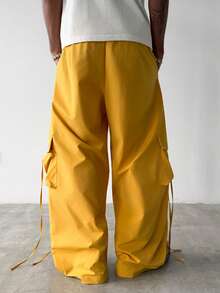 PAVTROS Men's Solid Color Drawstring Waist Cargo Pocket Wide Leg Casual Pants - Yellow - View 2
