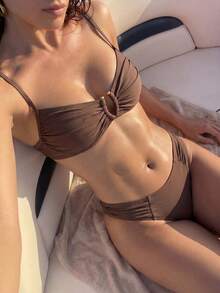 Swim Chiccia Women's Solid Color Sexy Ruched Bikini Set, Summer Beach - Coffee Brown - View 2