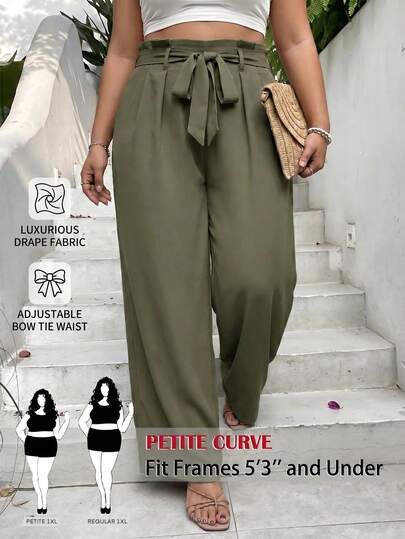 SHEIN PETITE CURVE Plus Size Women's Solid Color Waist Tie Straight Leg Loose Long Pants