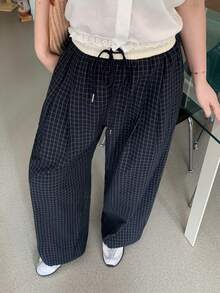 Dazy Plus Contrast Color Patchwork Drawstring Waist Plaid Preppy Style Casual Long Pants For Girls, Deep Blue Summer - Navy Blue - View 8