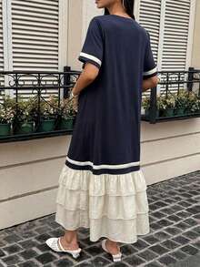 DAZY Vestido largo de maternidad casual holgado de manga corta con cuello redondo pequeño y patchwork de bloques de color para primavera y verano - Azul Marino - Ver 2