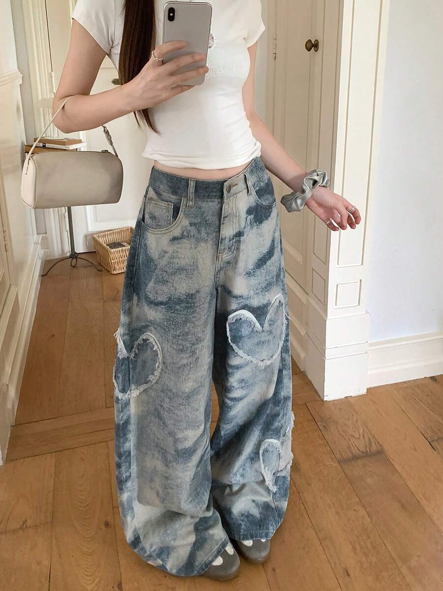 DAZY Women's Korean Style Street Casual Heart-Shaped Distressed Gradient Denim Jeans Summer Cute Tops - Blue - View 1