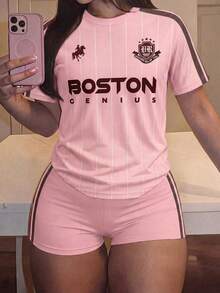 Slaydiva Women's Pink Light Pink Letter Print Short Sleeve Top And Shorts Casual Streetwear Daily 2-Piece Set Back-To-School Gym Summer - Multicolor - View 4