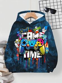SHEIN 青少年男孩休闲简约长袖连帽运动衫，适合秋冬季 - 白色 - 查看 1