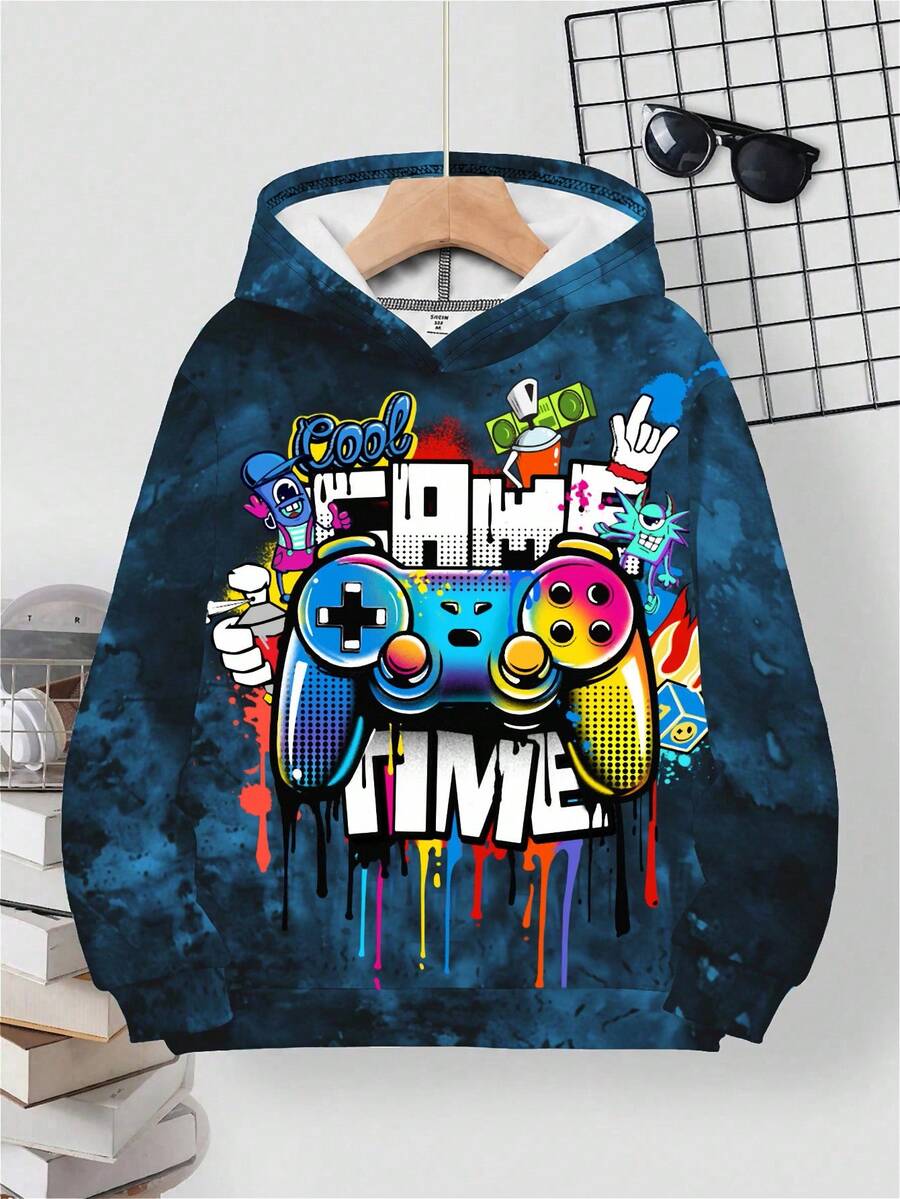 SHEIN 青少年男孩休闲简约长袖连帽运动衫,适合秋冬季 - 白色 - 查看 1